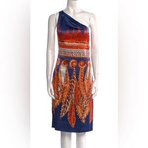 Roberto Cavalli Orange & Blue Feather Print Dress